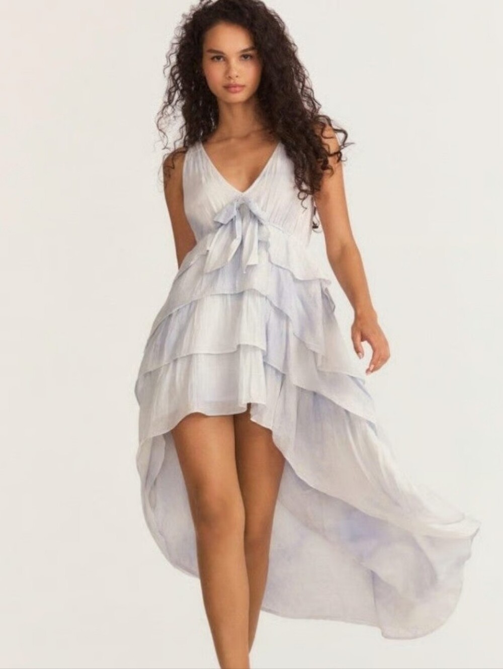 LoveShackFancy Pale Blue Tiered Ruffle High-Low Dress with Front Bow